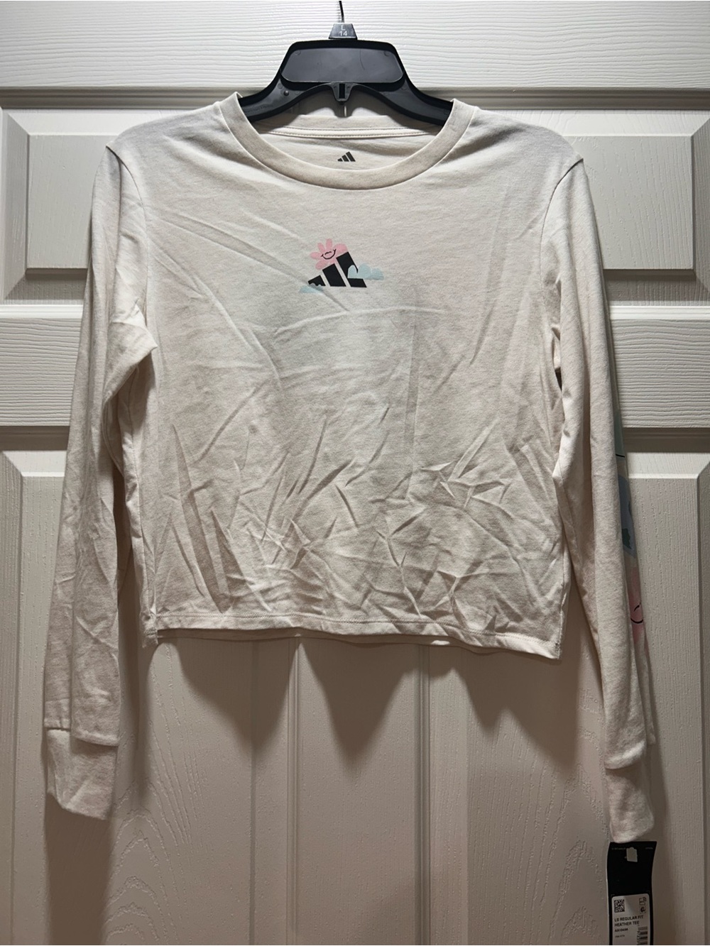 adidas Cream Long-Sleeve Cropped Tee with Pastel Logo